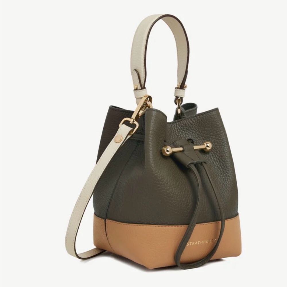 Strathberry Luxurious Bucket Bag Two Way Olive Tan and Cream - Picture 4 of 11
